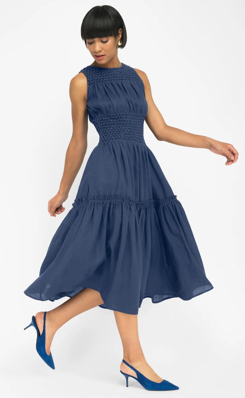 FANM MON Tuckernuck Oren Indigo Navy Blue Linen Smocked Sleeveless Midi Dress S